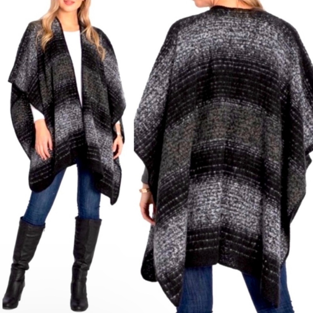 Woolrich Cozy Textured Striped Ombré Blanket Sweater Wrap Poncho Womens One Size